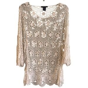 Lauren Michelle Pull Over Floral Unlined Open Weave Lace Top Swim Cover Medium